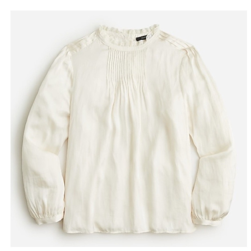 J.Crew Womens Satin Long Sleeve Pintuck Blouse S Off White Lace Romantic Regency